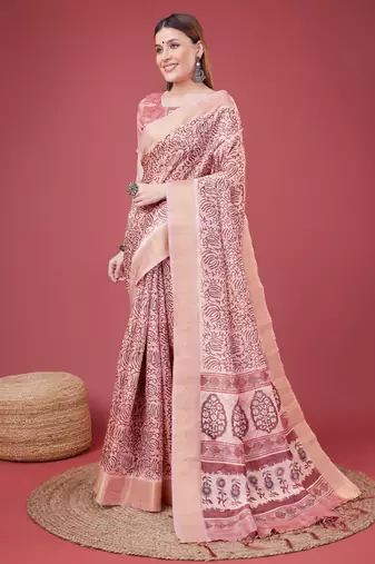 Pink Handloom Silk Self Design With Golden Border Saree For Women With Blouse Piece