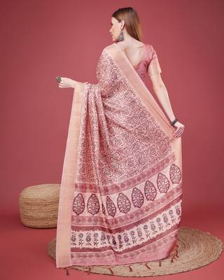 Pink Handloom Silk Self Design With Golden Border Saree For Women With Blouse Piece 3