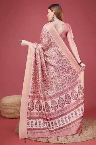 Pink Handloom Silk Self Design With Golden Border Saree For Women With Blouse Piece