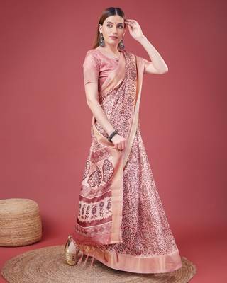 Pink Handloom Silk Self Design With Golden Border Saree For Women With Blouse Piece 4