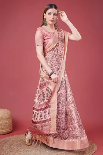 Pink Handloom Silk Self Design With Golden Border Saree For Women With Blouse Piece
