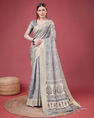 Grey Handloom Silk Self Design With Golden Border Saree For Women With Blouse Piece 1