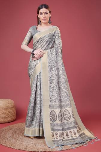 Grey Handloom Silk Self Design With Golden Border Saree For Women With Blouse Piece