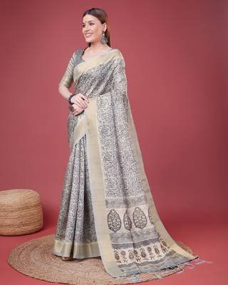Grey Handloom Silk Self Design With Golden Border Saree For Women With Blouse Piece 2