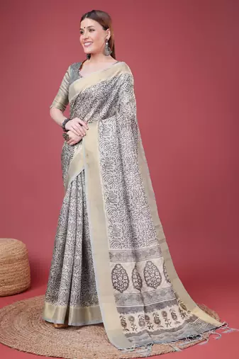 Grey Handloom Silk Self Design With Golden Border Saree For Women With Blouse Piece