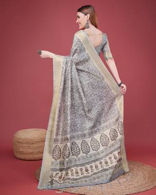 Grey Handloom Silk Self Design With Golden Border Saree For Women With Blouse Piece 3