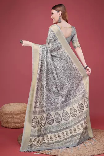 Grey Handloom Silk Self Design With Golden Border Saree For Women With Blouse Piece
