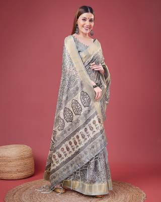 Grey Handloom Silk Self Design With Golden Border Saree For Women With Blouse Piece 4