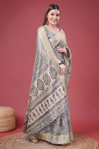 Grey Handloom Silk Self Design With Golden Border Saree For Women With Blouse Piece