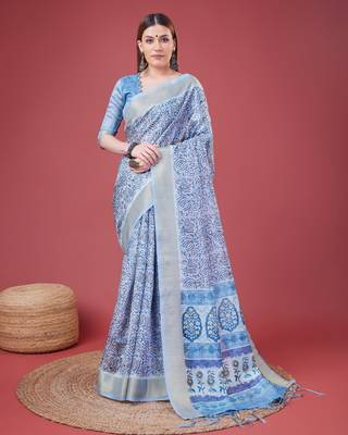 Blue Handloom Silk Self Design With Golden Border Saree For Women With Blouse Piece 1