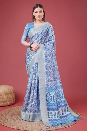 Blue Handloom Silk Self Design With Golden Border Saree For Women With Blouse Piece