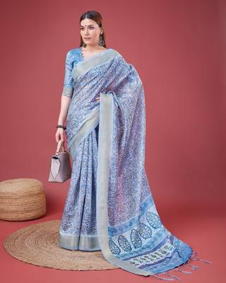 Blue Handloom Silk Self Design With Golden Border Saree For Women With Blouse Piece 2