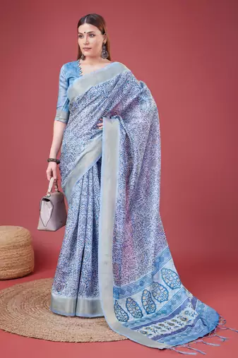 Blue Handloom Silk Self Design With Golden Border Saree For Women With Blouse Piece