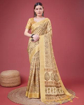 Yellow Handloom Silk Self Design With Golden Border Saree For Women With Blouse Piece 1