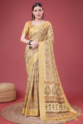 Yellow Handloom Silk Self Design With Golden Border Saree For Women With Blouse Piece