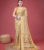 Yellow Handloom Silk Self Design With Golden Border Saree For Women With Blouse Piece