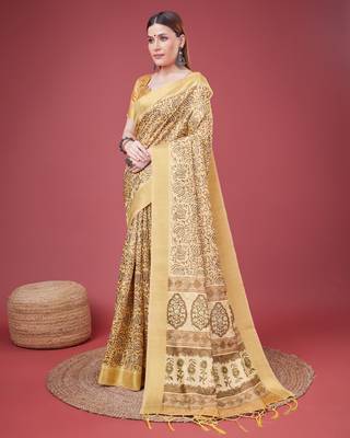 Yellow Handloom Silk Self Design With Golden Border Saree For Women With Blouse Piece 2
