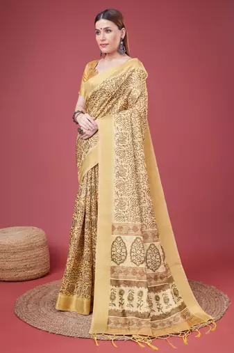 Yellow Handloom Silk Self Design With Golden Border Saree For Women With Blouse Piece