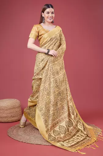 Yellow Handloom Silk Self Design With Golden Border Saree For Women With Blouse Piece