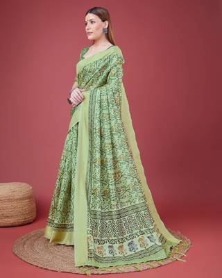 Green Handloom Silk Self Design With Golden Border Saree For Women With Blouse Piece 2