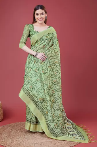 Green Handloom Silk Self Design With Golden Border Saree For Women With Blouse Piece