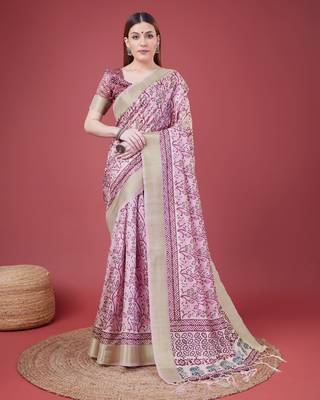 Pink Handloom Silk Self Design With Golden Border Saree For Women With Blouse Piece 1