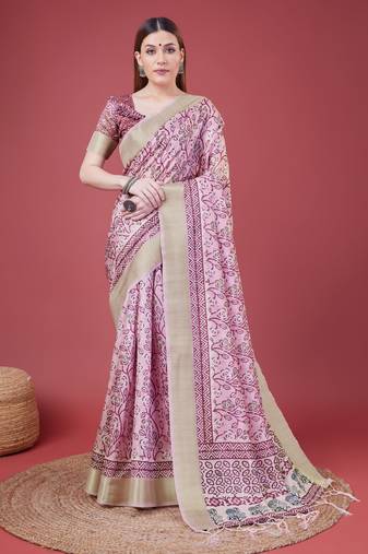 Pink Handloom Silk Self Design With Golden Border Saree For Women With Blouse Piece