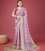 Pink Handloom Silk Self Design With Golden Border Saree For Women With Blouse Piece