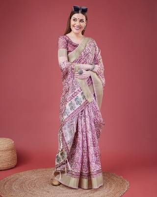 Pink Handloom Silk Self Design With Golden Border Saree For Women With Blouse Piece 2