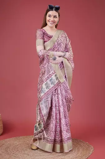 Pink Handloom Silk Self Design With Golden Border Saree For Women With Blouse Piece