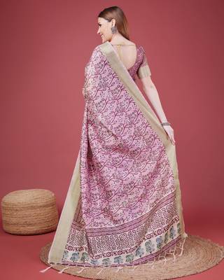 Pink Handloom Silk Self Design With Golden Border Saree For Women With Blouse Piece 3