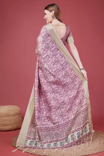 Pink Handloom Silk Self Design With Golden Border Saree For Women With Blouse Piece