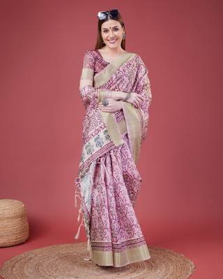 Pink Handloom Silk Self Design With Golden Border Saree For Women With Blouse Piece 4