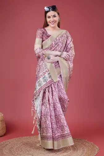 Pink Handloom Silk Self Design With Golden Border Saree For Women With Blouse Piece