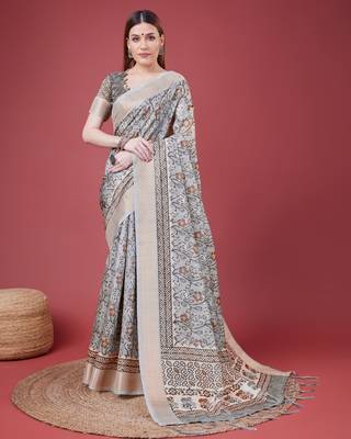 Grey Handloom Silk Self Design With Golden Border Saree For Women With Blouse Piece 1