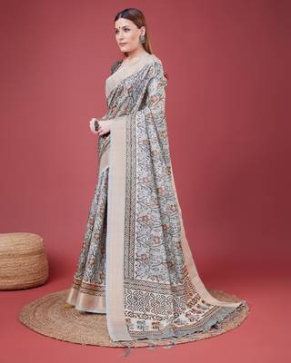 Grey Handloom Silk Self Design With Golden Border Saree For Women With Blouse Piece 2
