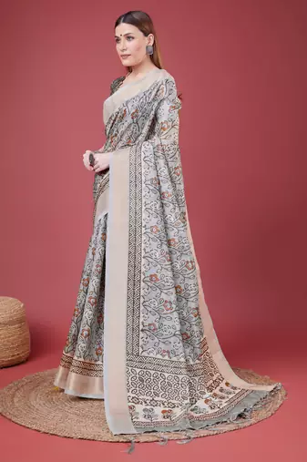 Grey Handloom Silk Self Design With Golden Border Saree For Women With Blouse Piece