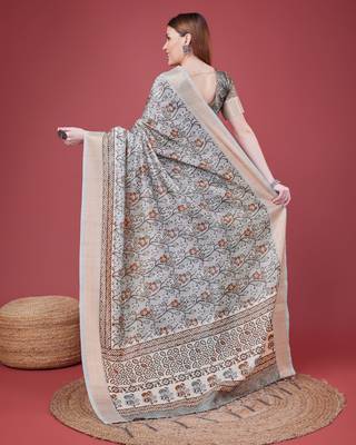 Grey Handloom Silk Self Design With Golden Border Saree For Women With Blouse Piece 3