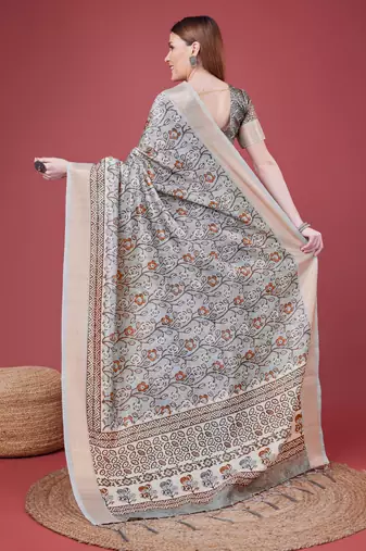 Grey Handloom Silk Self Design With Golden Border Saree For Women With Blouse Piece