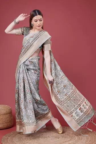 Grey Handloom Silk Self Design With Golden Border Saree For Women With Blouse Piece