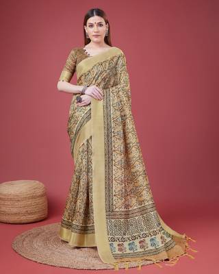 Brown Handloom Silk Self Design With Golden Border Saree For Women With Blouse Piece 1