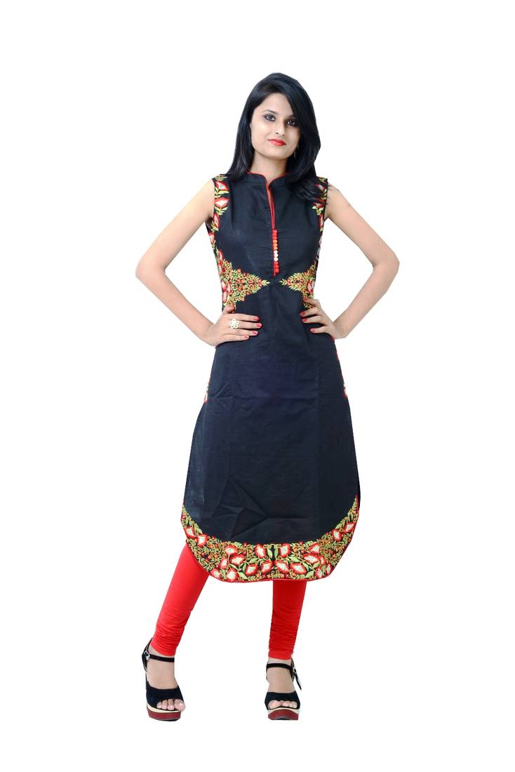 Black embroidered linen kurtasandkurtis Charu Boutique 644318