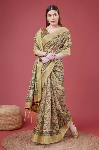 Brown Handloom Silk Self Design With Golden Border Saree For Women With Blouse Piece