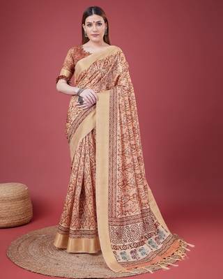 Peach Handloom Silk Self Design With Golden Border Saree For Women With Blouse Piece 1