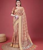 Peach Handloom Silk Self Design With Golden Border Saree For Women With Blouse Piece