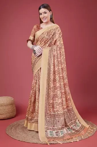 Peach Handloom Silk Self Design With Golden Border Saree For Women With Blouse Piece
