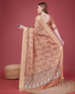 Peach Handloom Silk Self Design With Golden Border Saree For Women With Blouse Piece 3