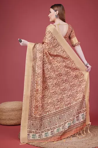 Peach Handloom Silk Self Design With Golden Border Saree For Women With Blouse Piece