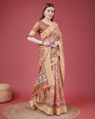 Peach Handloom Silk Self Design With Golden Border Saree For Women With Blouse Piece 4