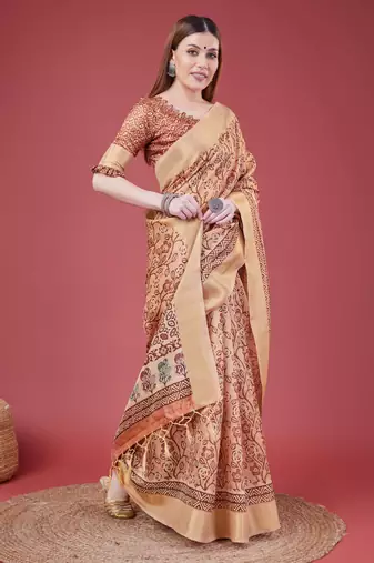 Peach Handloom Silk Self Design With Golden Border Saree For Women With Blouse Piece